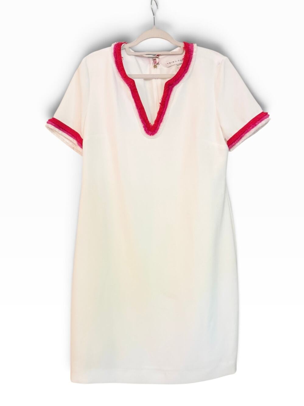 Trina Turk White Shift Dress Pink Fringe Trim V Neck NWT Size 10